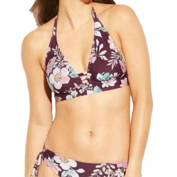 Kona Sol Burgundy Floral Bikini Two Piece Tie Hips Swim Suit Size M - Picture 1 of 10